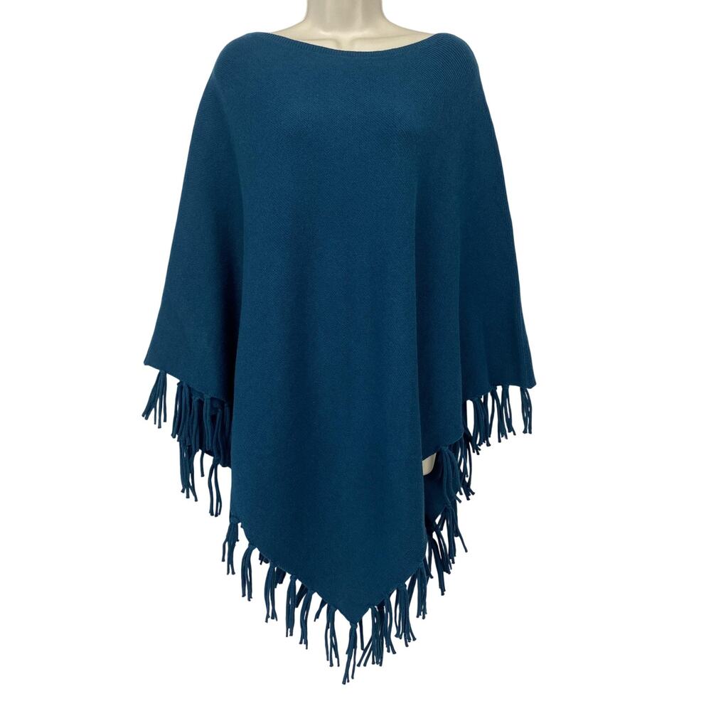 J Jill Sweater Poncho Womens XL 1X 2X 3X Teal Blue Fringe Jewel Tone‎ Cozy NEW